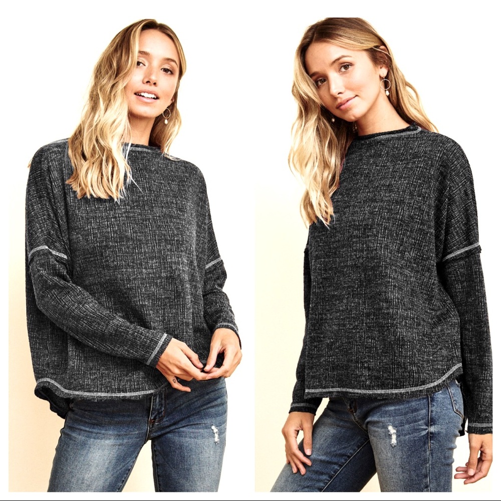 Topstitching Detail Casual Top With 2 Tone Soft Stretch Fabric